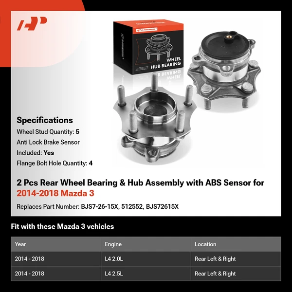 2 Pcs Rear Wheel Bearing & Hub Assembly with ABS Sensor for 2014-2018 Mazda 3