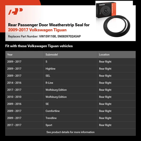 Rear Passenger Door Weatherstrip Seal for 2009-2017 Volkswagen Tiguan