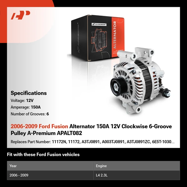 2006-2009 Ford Fusion Alternator 150A 12V Clockwise 6-Groove Pulley A-Premium APALT082