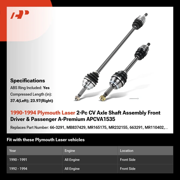 1990-1994 Plymouth Laser 2-Pc CV Axle Shaft Assembly Front Driver & Passenger A-Premium APCVA1535