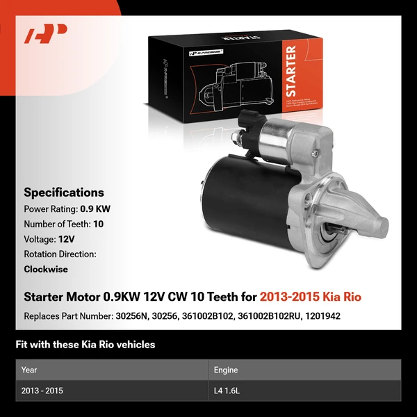 Starter Motor 0.9KW 12V CW 10 Teeth for 2013-2015 Kia Rio