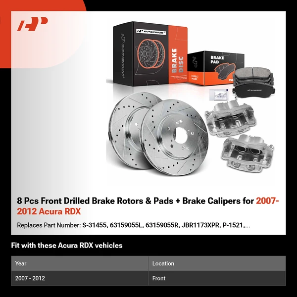 8 Pcs Front Drilled Brake Rotors & Pads + Brake Calipers for 2007-2012 Acura RDX