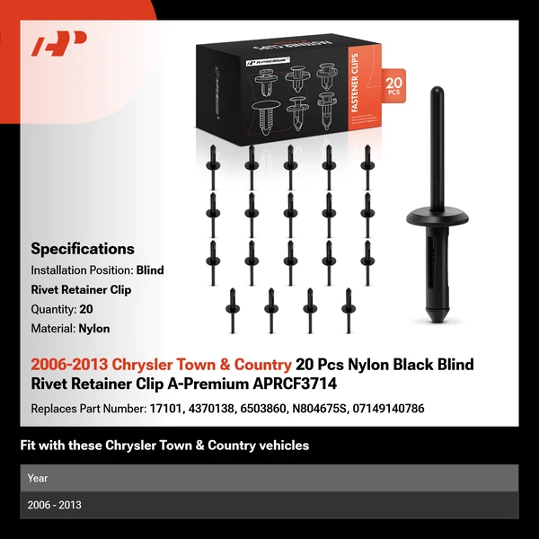2006-2013 Chrysler Town & Country 20 Pcs Nylon Black Blind Rivet Retainer Clip A-Premium APRCF3714