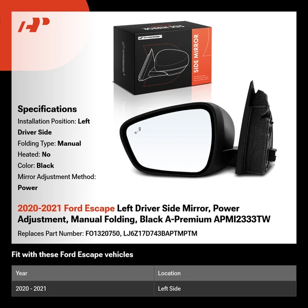 2020-2021 Ford Escape Left Driver Side Mirror, Power Adjustment, Manual Folding, Black A-Premium APMI2333TW