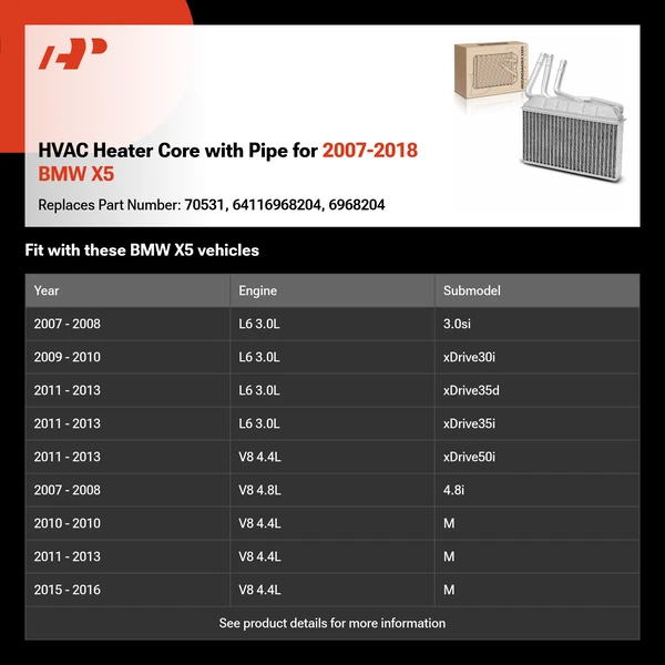 HVAC Heater Core with Pipe for 2007-2018 BMW X5