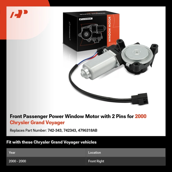 Front Passenger Power Window Motor with 2 Pins for 2000 Chrysler Grand Voyager