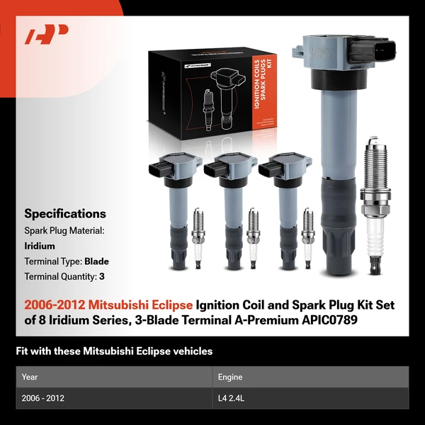 2006-2012 Mitsubishi Eclipse Ignition Coil and Spark Plug Kit Set of 8 Iridium Series, 3-Blade Terminal A-Premium APIC0789