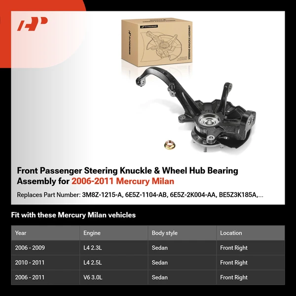 Front Passenger Steering Knuckle & Wheel Hub Bearing Assembly for 2006-2011 Mercury Milan