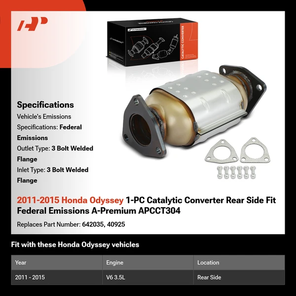 2011-2015 Honda Odyssey 1-PC Catalytic Converter Rear Side Fit Federal Emissions A-Premium APCCT304