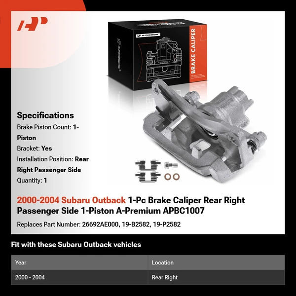 2000-2004 Subaru Outback 1-Pc Brake Caliper Rear Right Passenger Side 1-Piston A-Premium APBC1007
