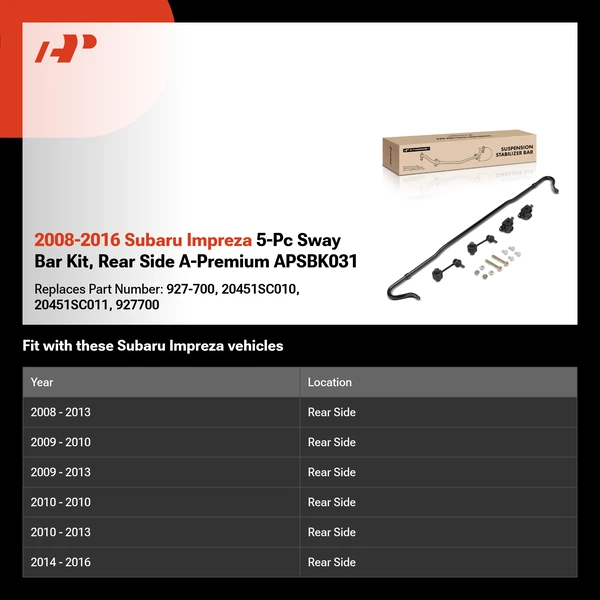 2008-2016 Subaru Impreza 5-Pc Sway Bar Kit, Rear Side A-Premium APSBK031