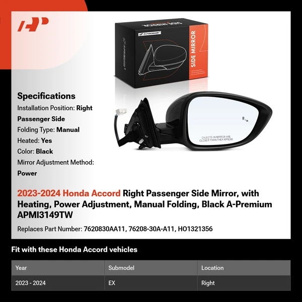 2023-2024 Honda Accord Right Passenger Side Mirror, with Heating, Power Adjustment, Manual Folding, Black A-Premium APMI3149TW