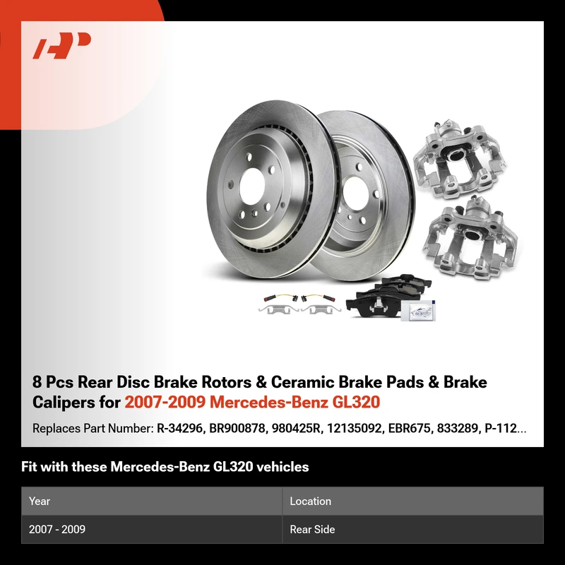 8 Pcs Rear Disc Brake Rotors & Ceramic Brake Pads & Brake Calipers for 2007-2009 Mercedes-Benz GL320
