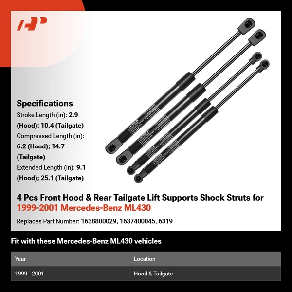 4 Pcs Front Hood & Rear Tailgate Lift Supports Shock Struts for 1999-2001 Mercedes-Benz ML430