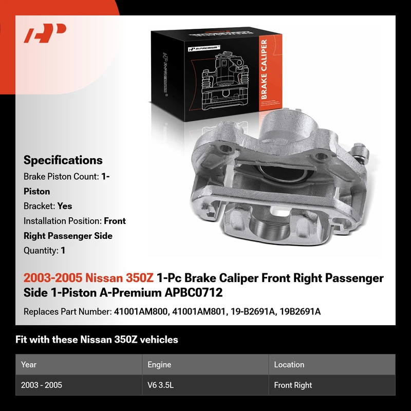 2003-2005 Nissan 350Z 1-Pc Brake Caliper Front Right Passenger Side 1-Piston A-Premium APBC0712