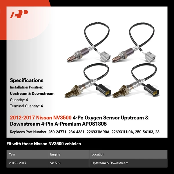 2012-2017 Nissan NV3500 4-Pc Oxygen Sensor Upstream & Downstream 4-Pin A-Premium APOS1805