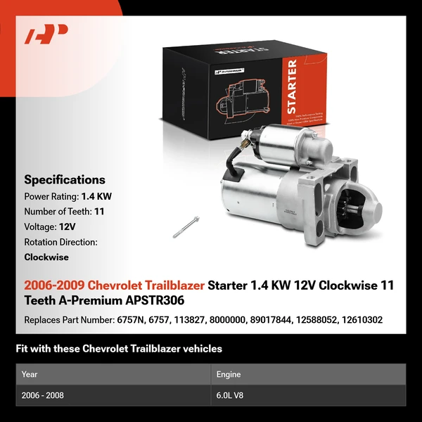 2006-2009 Chevrolet Trailblazer Starter 1.4 KW 12V Clockwise 11 Teeth A-Premium APSTR306