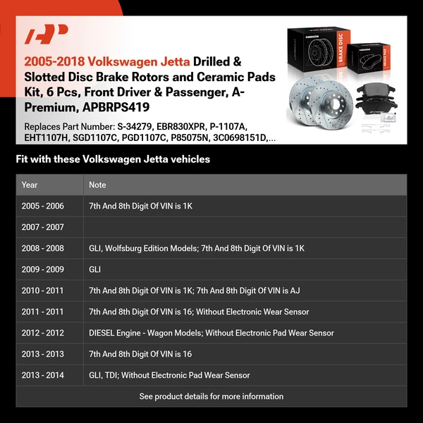 2005-2018 Volkswagen Jetta Drilled & Slotted Disc Brake Rotors and Ceramic Pads Kit, 6 Pcs, Front Driver & Passenger, A-Premium, APBRPS419