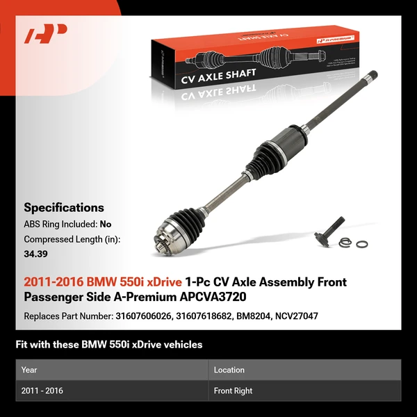 2011-2016 BMW 550i xDrive 1-Pc CV Axle Assembly Front Passenger Side A-Premium APCVA3720