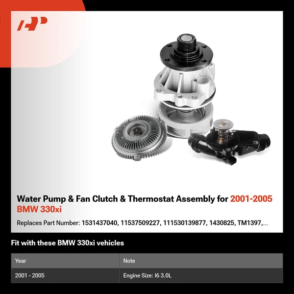 Water Pump & Fan Clutch & Thermostat Assembly for 2001-2005 BMW 330xi