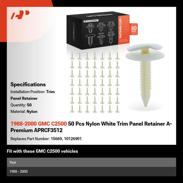 1988-2000 GMC C2500 50 Pcs Nylon White Trim Panel Retainer A-Premium APRCF3512