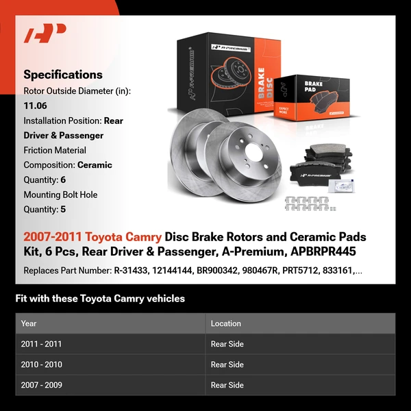 2007-2011 Toyota Camry Disc Brake Rotors and Ceramic Pads Kit, 6 Pcs, Rear Driver & Passenger, A-Premium, APBRPR445