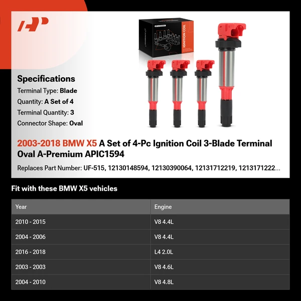 2003-2018 BMW X5 A Set of 4-Pc Ignition Coil 3-Blade Terminal Oval A-Premium APIC1594