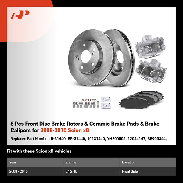 8 Pcs Front Disc Brake Rotors & Ceramic Brake Pads & Brake Calipers for 2008-2015 Scion xB