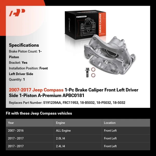2007-2017 Jeep Compass 1-Pc Brake Caliper Front Left Driver Side 1-Piston A-Premium APBC0181