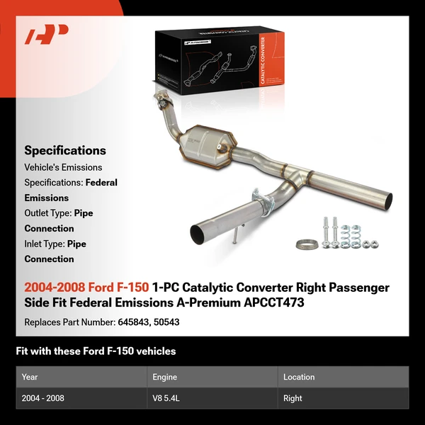 2004-2008 Ford F-150 1-PC Catalytic Converter Right Passenger Side Fit Federal Emissions A-Premium APCCT473