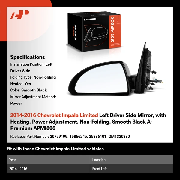 2014-2016 Chevrolet Impala Limited Left Driver Side Mirror, with Heating, Power Adjustment, Non-Folding, Smooth Black A-Premium APMI806