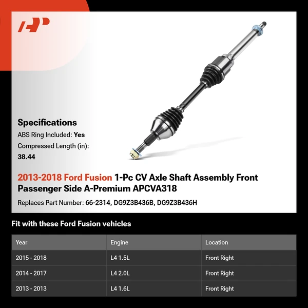 2013-2018 Ford Fusion 1-Pc CV Axle Shaft Assembly Front Passenger Side A-Premium APCVA318