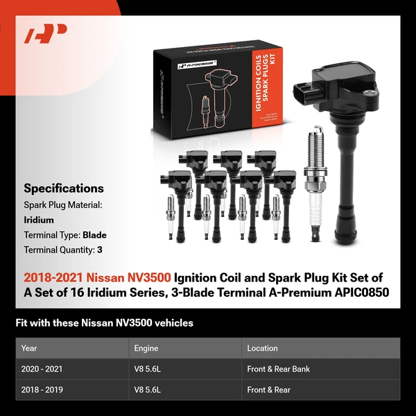 2018-2021 Nissan NV3500 Ignition Coil and Spark Plug Kit Set of A Set of 16 Iridium Series, 3-Blade Terminal A-Premium APIC0850