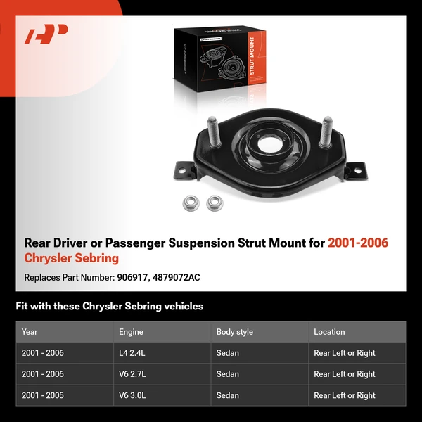 Rear Driver or Passenger Suspension Strut Mount for 2001-2006 Chrysler Sebring