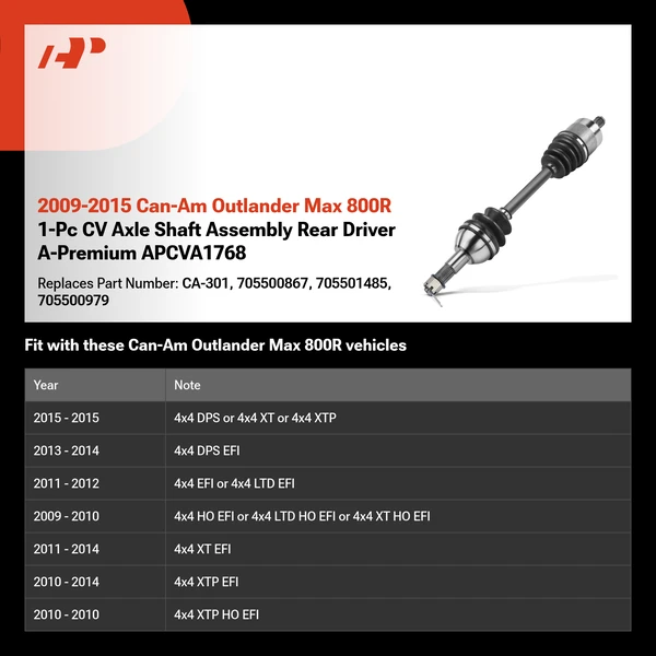2009-2015 Can-Am Outlander Max 800R 1-Pc CV Axle Shaft Assembly Rear Driver A-Premium APCVA1768