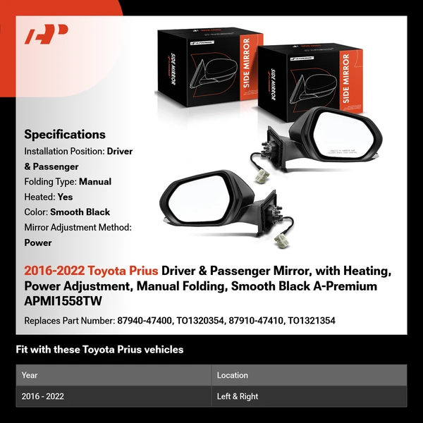 2016-2022 Toyota Prius Driver & Passenger Mirror, with Heating, Power Adjustment, Manual Folding, Smooth Black A-Premium APMI1558TW