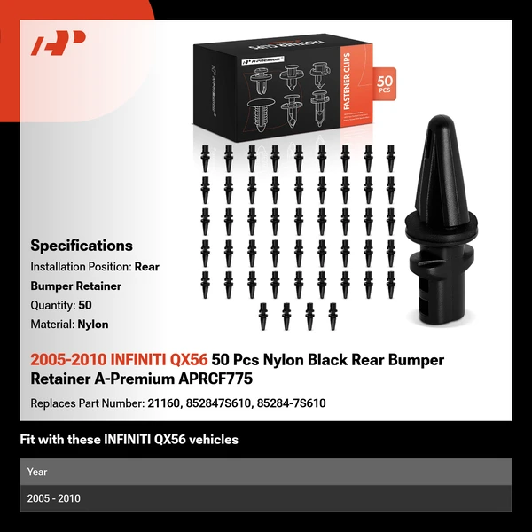 2005-2010 INFINITI QX56 50 Pcs Nylon Black Rear Bumper Retainer A-Premium APRCF775