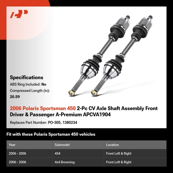2006 Polaris Sportsman 450 2-Pc CV Axle Shaft Assembly Front Driver & Passenger A-Premium APCVA1904