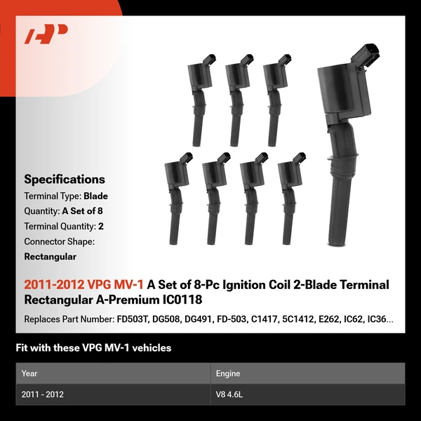 2011-2012 VPG MV-1 A Set of 8-Pc Ignition Coil 2-Blade Terminal Rectangular A-Premium IC0118