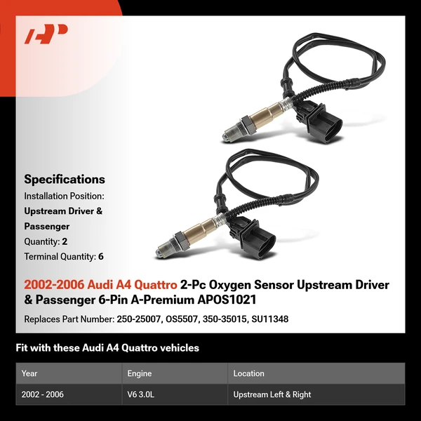 2002-2006 Audi A4 Quattro 2-Pc Oxygen Sensor Upstream Driver & Passenger 6-Pin A-Premium APOS1021