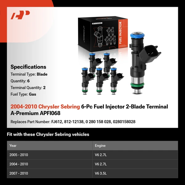 2004-2010 Chrysler Sebring 6-Pc Fuel Injector 2-Blade Terminal A-Premium APFI068