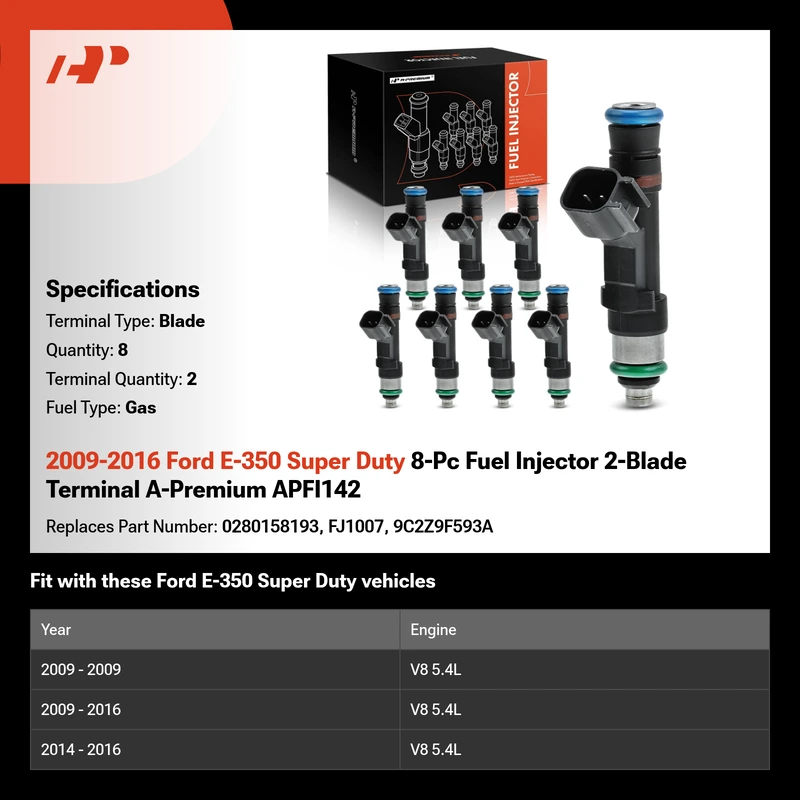 2009-2016 Ford E-350 Super Duty 8-Pc Fuel Injector 2-Blade Terminal A-Premium APFI142