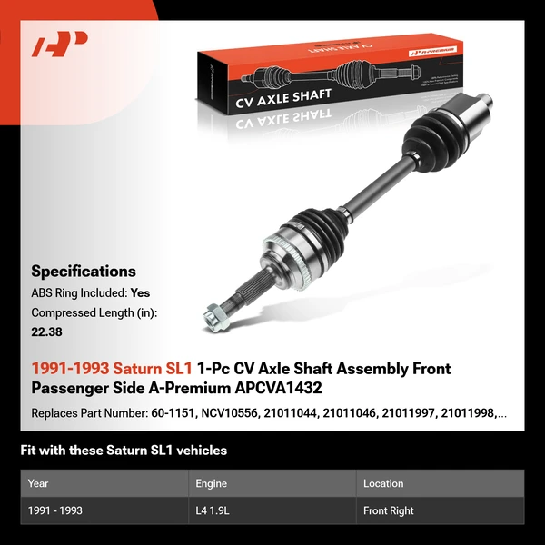 1991-1993 Saturn SL1 1-Pc CV Axle Shaft Assembly Front Passenger Side A-Premium APCVA1432