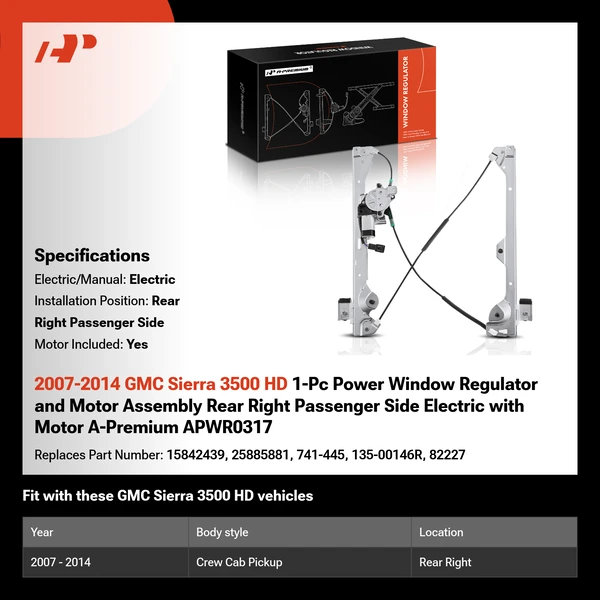 2007-2014 GMC Sierra 3500 HD 1-Pc Power Window Regulator and Motor Assembly Rear Right Passenger Side Electric with Motor A-Premium APWR0317