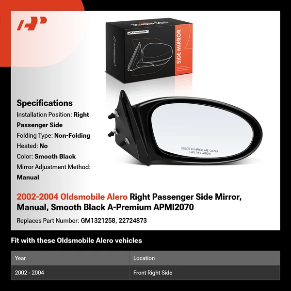 2002-2004 Oldsmobile Alero Right Passenger Side Mirror, Manual, Smooth Black A-Premium APMI2070