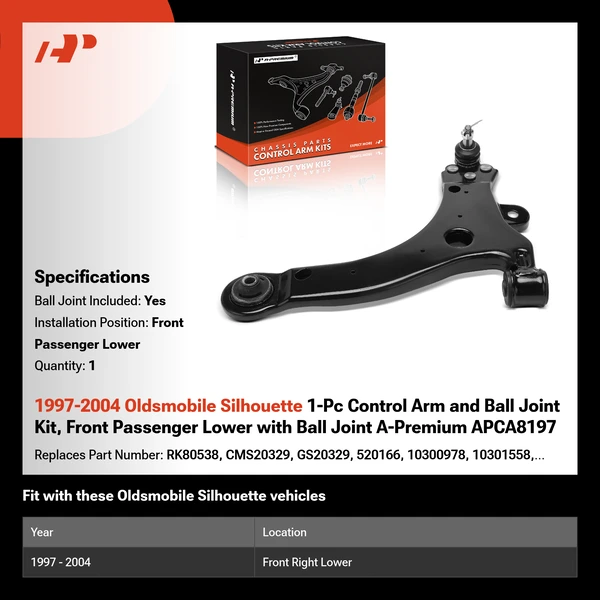 1997-2004 Oldsmobile Silhouette 1-Pc Control Arm and Ball Joint Kit, Front Passenger Lower with Ball Joint A-Premium APCA8197