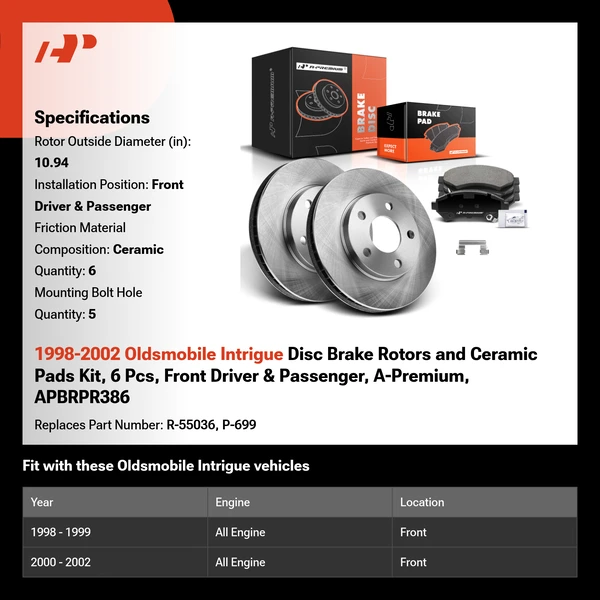 1998-2002 Oldsmobile Intrigue Disc Brake Rotors and Ceramic Pads Kit, 6 Pcs, Front Driver & Passenger, A-Premium, APBRPR386