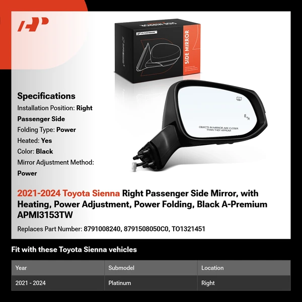 2021-2024 Toyota Sienna Right Passenger Side Mirror, with Heating, Power Adjustment, Power Folding, Black A-Premium APMI3153TW