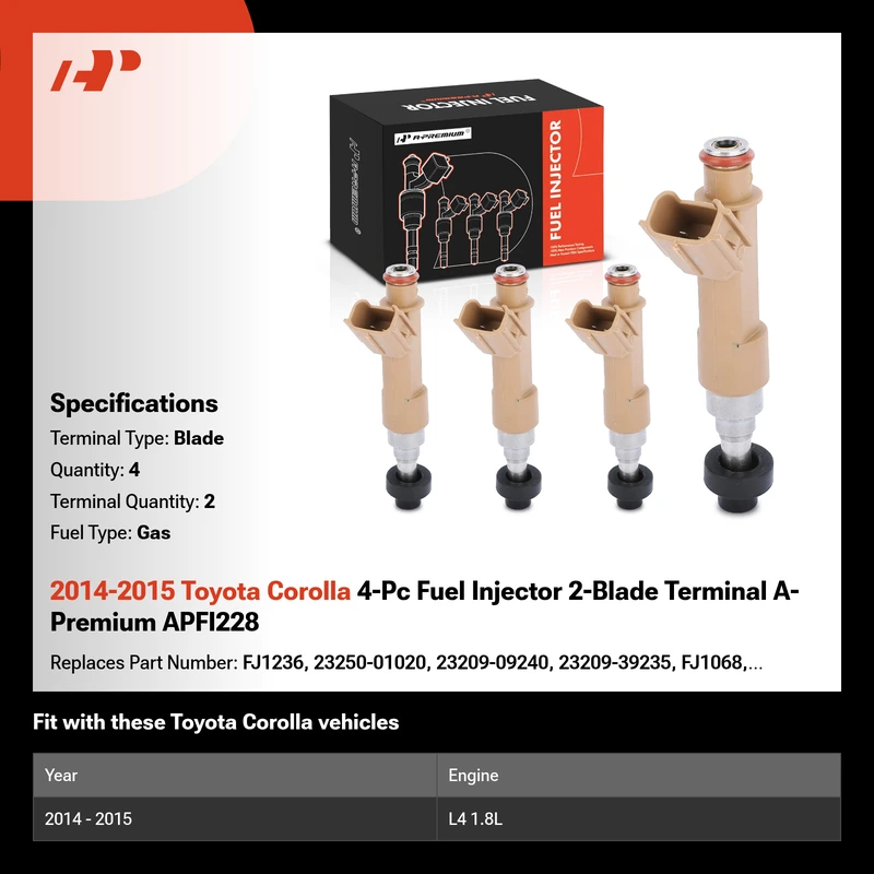 2014-2015 Toyota Corolla 4-Pc Fuel Injector 2-Blade Terminal A-Premium APFI228
