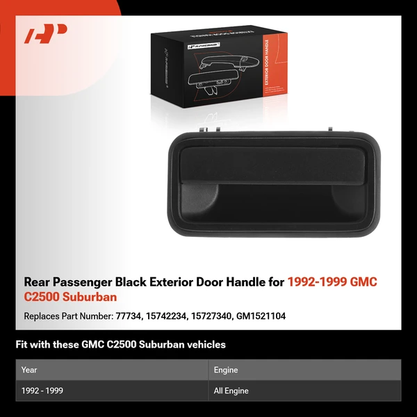 Rear Passenger Black Exterior Door Handle for 1992-1999 GMC C2500 Suburban